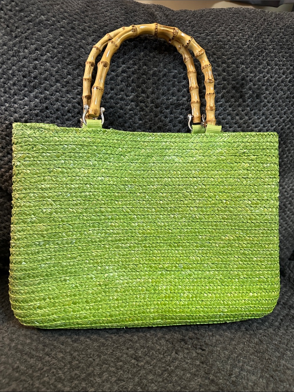 Green Woven Straw Tote with Bamboo Handles
